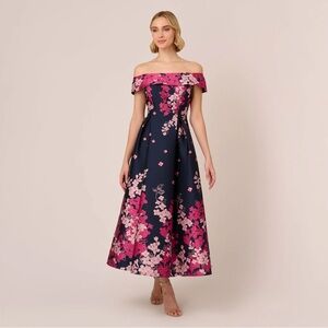Stunning Adrianna Papell off shoulder tea length navy/ pink floral